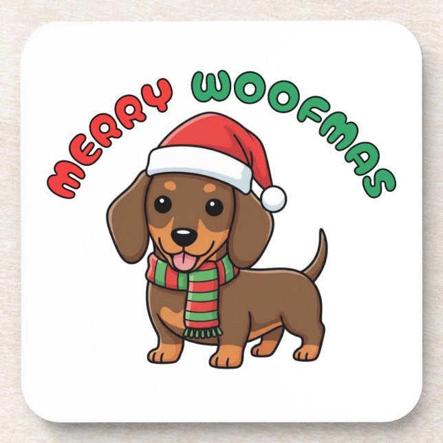 Posavasos Navidades Brown Dachshund Coaster: Merry Woofmas (Frente)