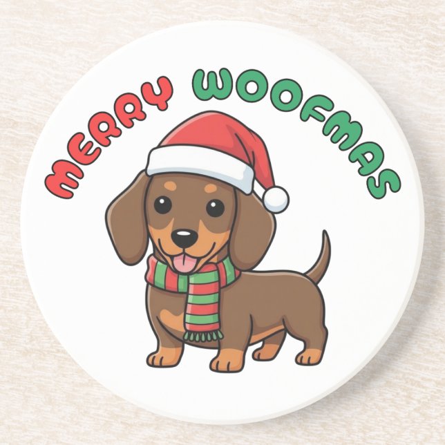 Posavasos Navidades Brown Dachshund Coaster: Merry Woofmas (Frente)