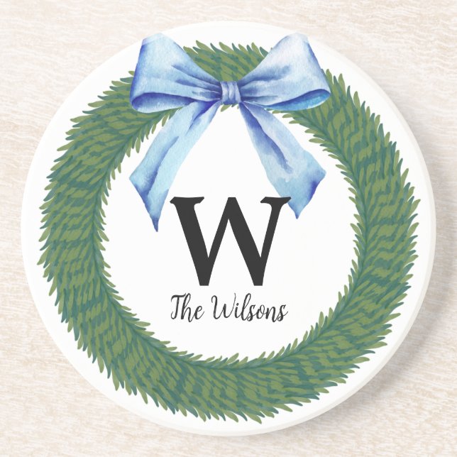 Posavasos Navidades de acuarela Wreath Blue Bow Monograma (Frente)