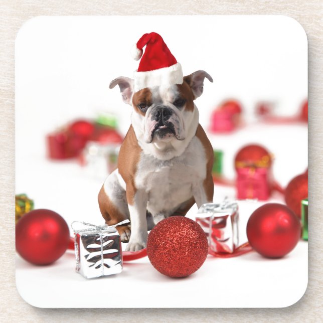 Posavasos Navidades de bulldog Caja de regalo Ornamentos Red (Frente)