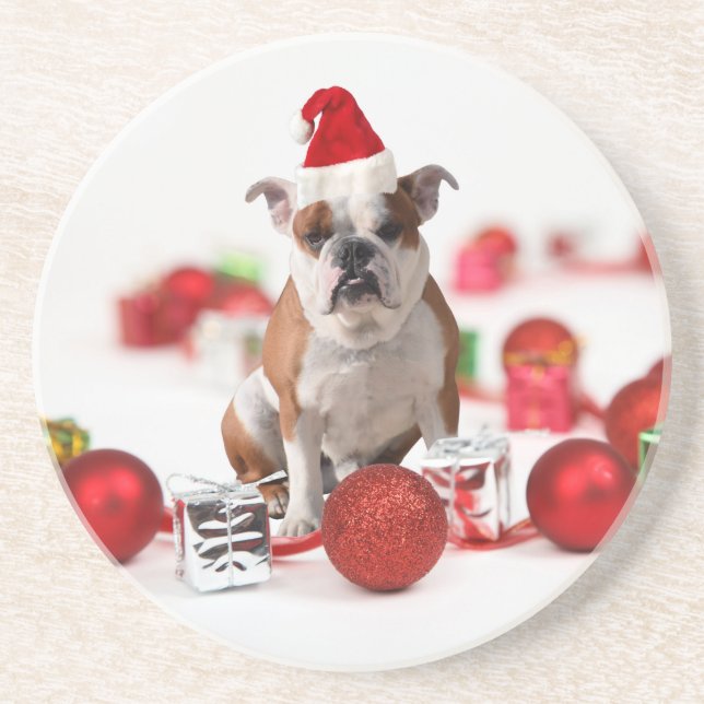 Posavasos Navidades de bulldog Caja de regalo Ornamentos Red (Frente)