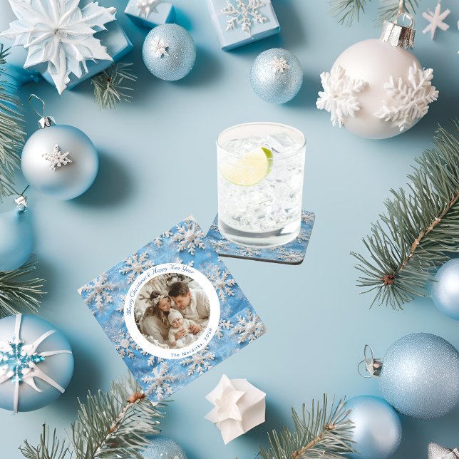 Posavasos Navidades de copos de nieve azul personalizados (Cute Christmas Blue and White Snowflake Hard Plastic Coaster 
)