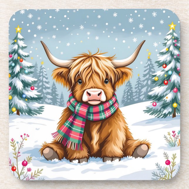 Posavasos Navidades de Cute Whimsical Highland Cow (Frente)