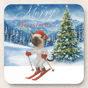 Posavasos Navidades de esquí para gatos de Santa Siamese que