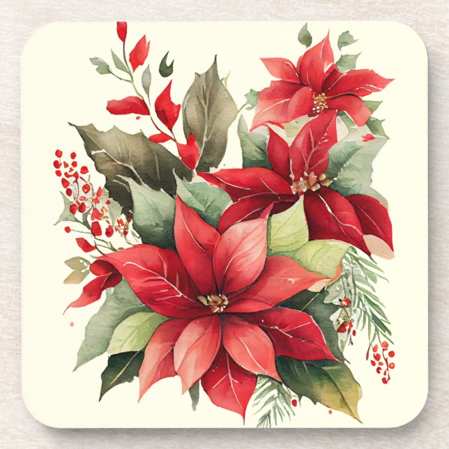 Posavasos Navidades de flores blancas rojas Poinsettia Holly (Frente)