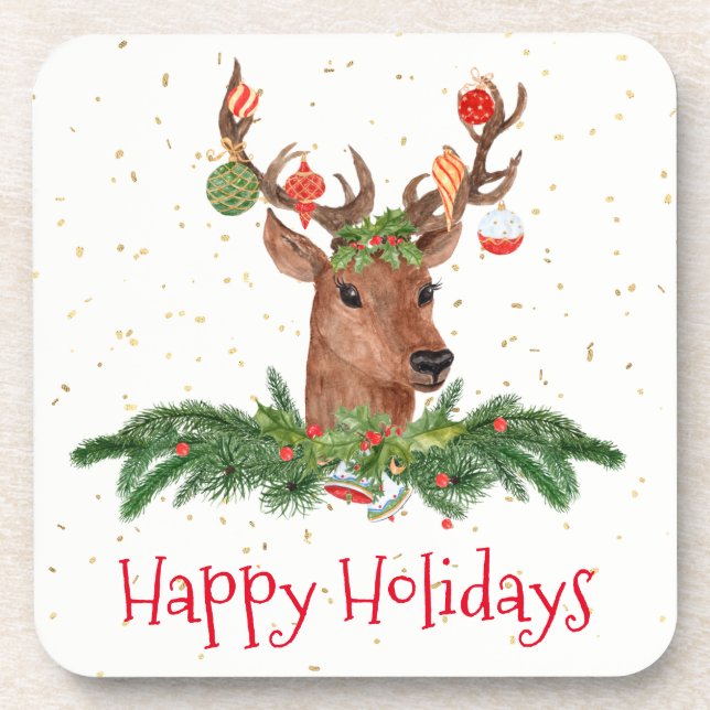 Posavasos Navidades de Gold Fleck Deer Happy Holidays (Frente)