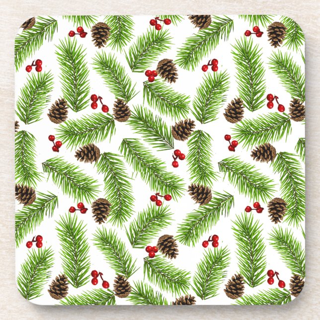 Posavasos Navidades de hojas verdes de pino, hornos y bayas  (Frente)