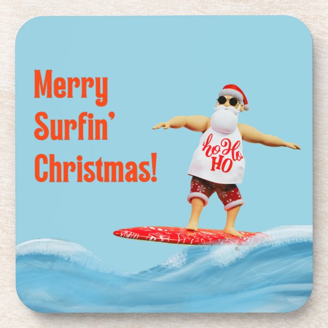 Posavasos Navidades de Merry Surfin Santa en Surfboard (Frente)