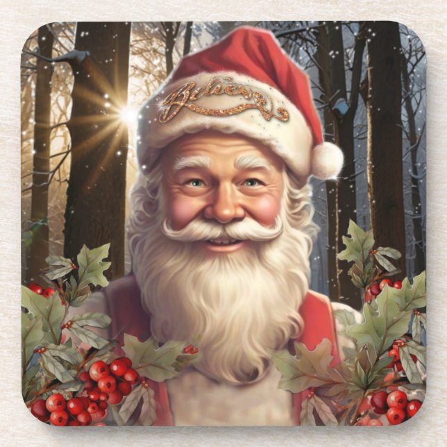 Posavasos Navidades de vacaciones Santa Claus bosque de niev (Frente)