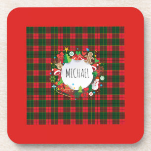 Posavasos Navidades en monograma y feliz decoro escocés de A