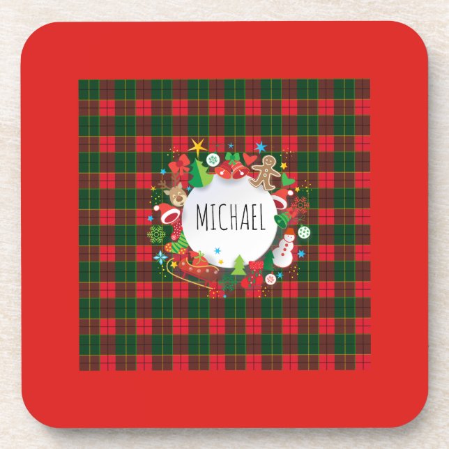 Posavasos Navidades en monograma y feliz decoro escocés de A (Frente)