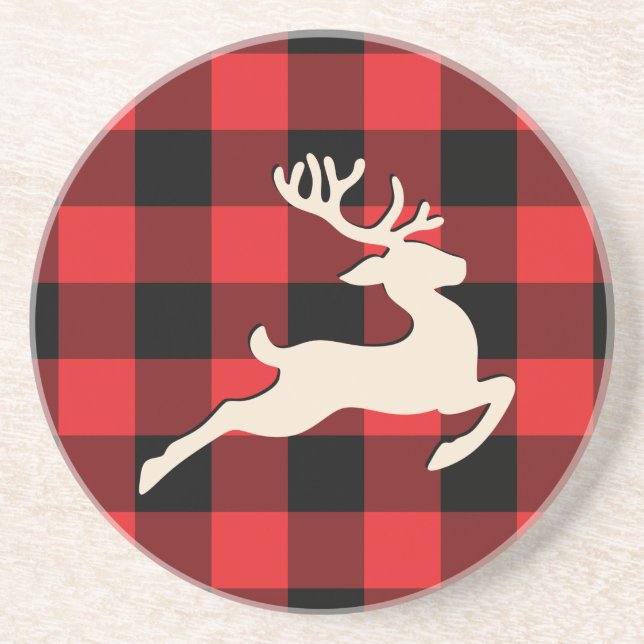 Posavasos Navidades Holiday Deer Antlers Red Black Gingham (Frente)