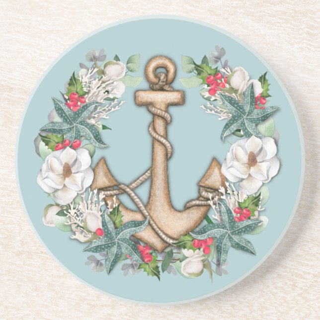 Posavasos Navidades náuticos Wreath y Anchor | Verde azulado (Frente)