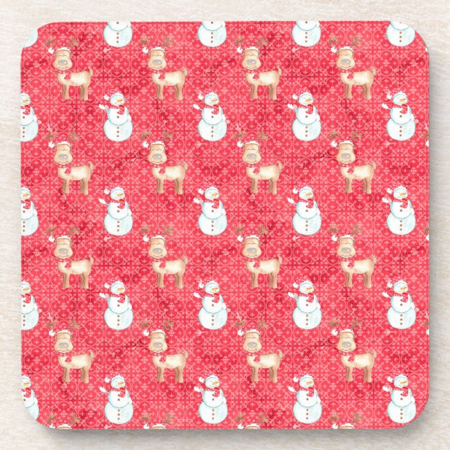 Posavasos Navidades renos y hombres de nieve - Rojo (Frente)