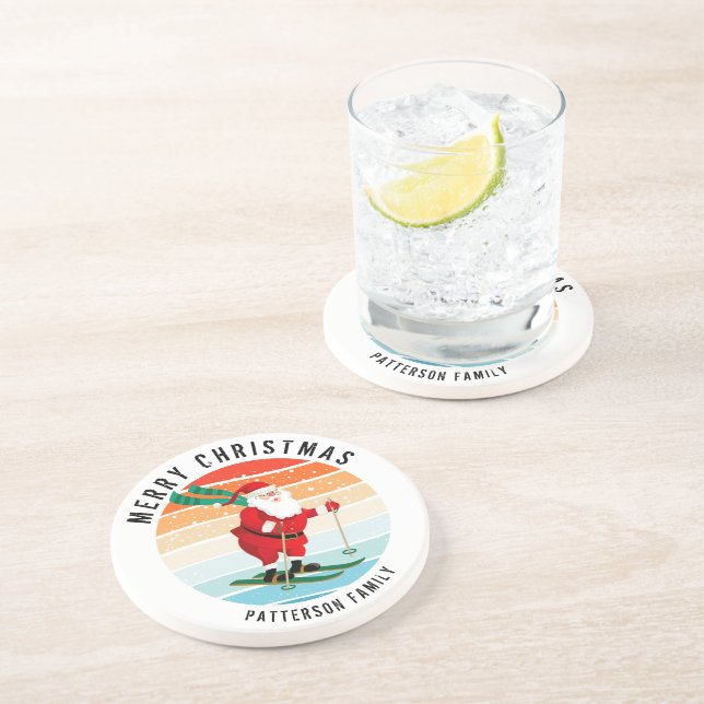 Posavasos Navidades Retro Esquiar al atardecer Santa Persona (Lado)