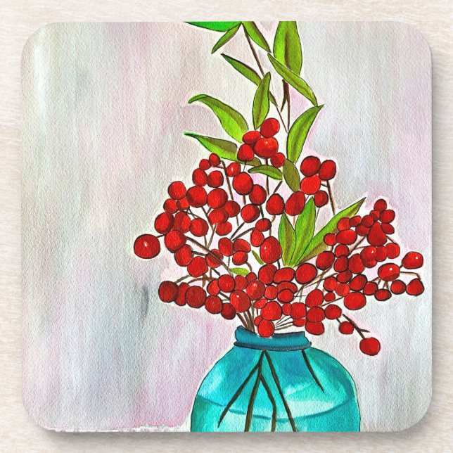 Posavasos Navidades rojos Berries acuarela arte fino (Frente)