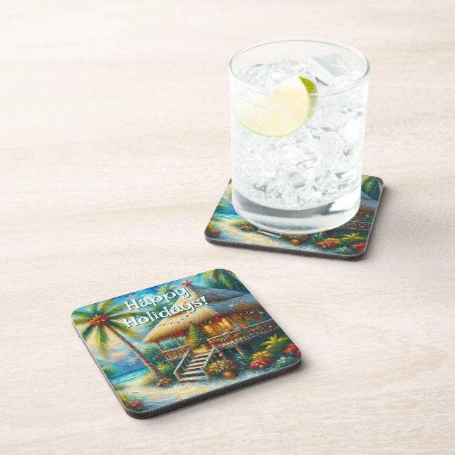 Posavasos Navidades Tropical Hut Palm Tree Beach Lights (Lado Derecho)