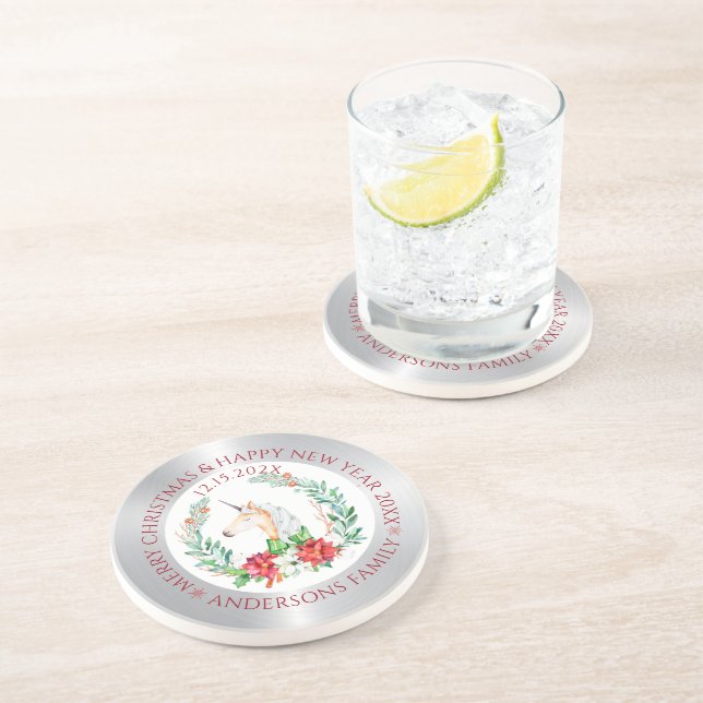 Posavasos Navidades unicornio plata y montaña rusa de borde  (Lado)