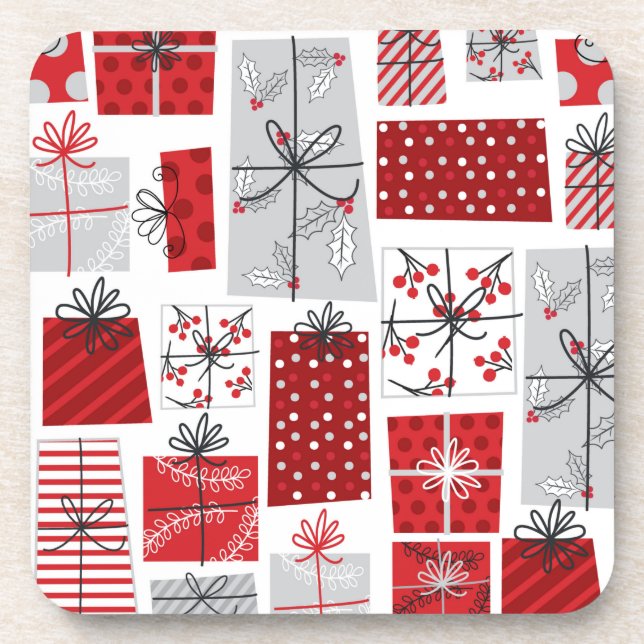 Posavasos Navidades Vacaciones Regalos Modernos de Plata Roj (Frente)
