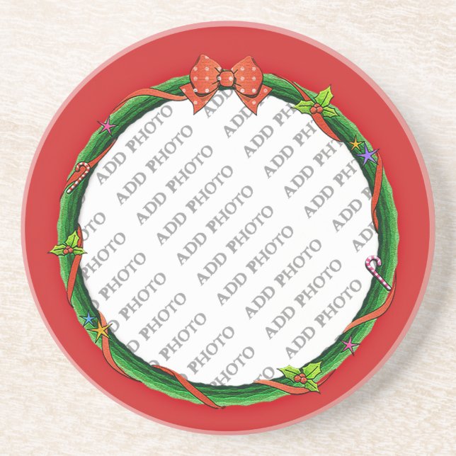 Posavasos Navidades Wreath agrega tu foto y fondo rojo (Frente)