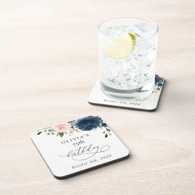 Posavasos Navy Blue Flowers, Pink Flowers, Boho, Birthday (Lado Derecho)