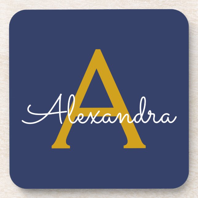 Posavasos Navy Blue Gold Modern Script Girly Monograma Nombr (Frente)