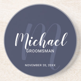 Posavasos Navy Blue Modern Script Personalizado Groomsmen