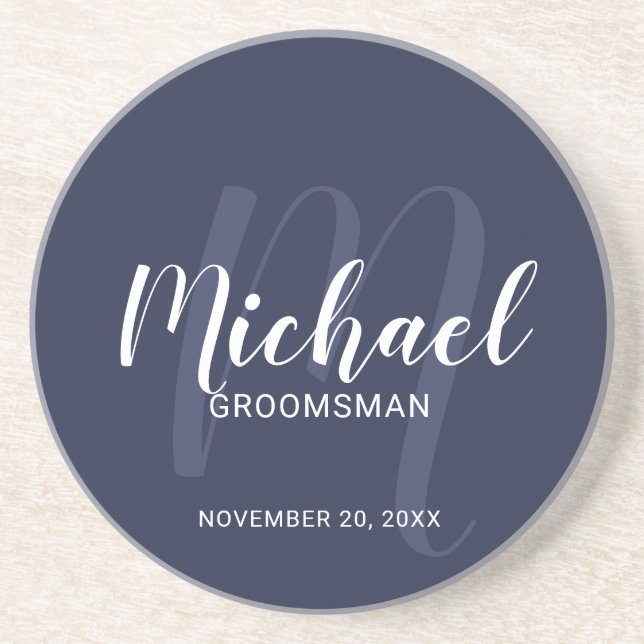 Posavasos Navy Blue Modern Script Personalizado Groomsmen (Frente)