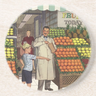 Posavasos Negocio Antiguo, Frutería con Tendero y Niño