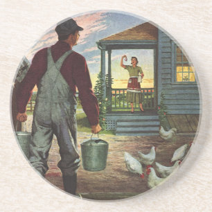 Posavasos Negocio Vintage, Granja con Granjero y Gallinas