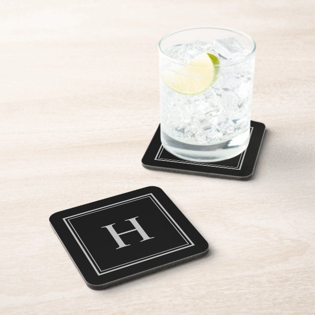 Posavasos Negro clásico simple con monograma gris (Lado Derecho)