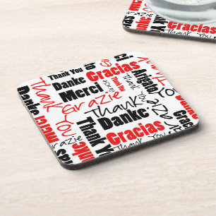 Posavasos Negro rojo multilingüe Gracias tipografía