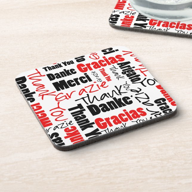 Posavasos Negro rojo multilingüe Gracias tipografía (Lado Izquierdo)