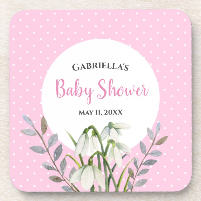 Posavasos Nieve blanca de Baby Shower cae puntos rosados de  (Frente)