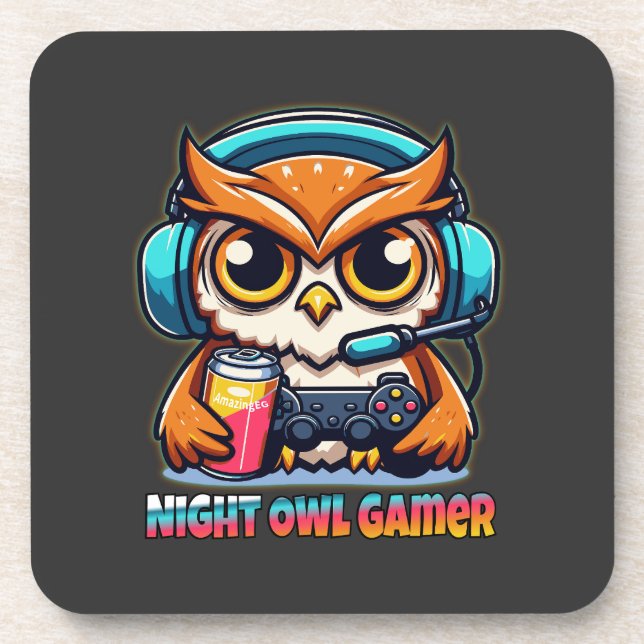 Posavasos Night Owl Gamer Mascot Fun Gaming Illustration (Frente)
