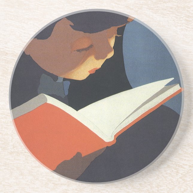 Posavasos Niño de la época leyendo un libro de la biblioteca (Frente)