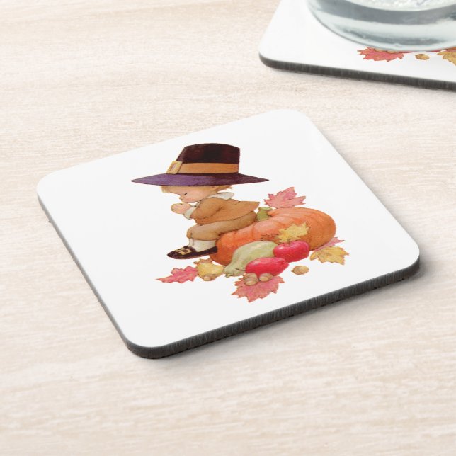 Posavasos Niño de peregrino vintage rezando en calabaza (Lado Izquierdo)