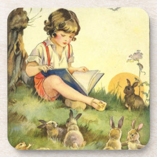 Posavasos Niño leyendo bajo el árbol con conejos