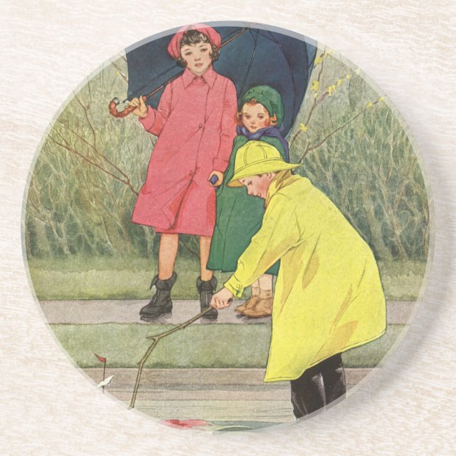 Posavasos Niños antiguos jugando con botes de juguete en cha (Frente)