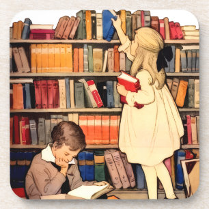 Posavasos Niños Antiguos Leyendo Libros de Biblioteca