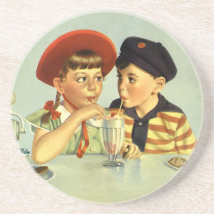 Posavasos Niños antiguos, niño y niña compartiendo un batido
