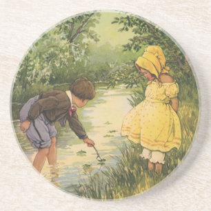 Posavasos Niños Antiguos, Niño y Niña Jugando junto al Arroy