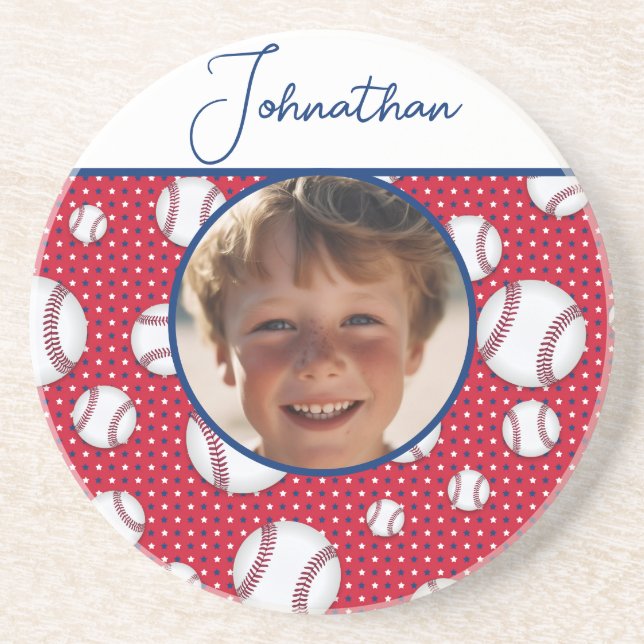 Posavasos Niños Béisbol Personalizado Azul Blanco Rojo Foto  (Frente)