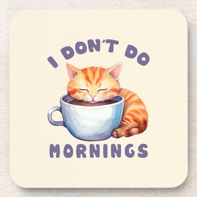 Posavasos No hago mañanas - un gato Naranja con café. (Frente)