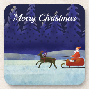 Posavasos Noche azul de Navidad pintada con Papá Noel y reno