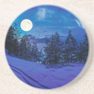 Posavasos Noche estrellada con luna llena en el bosque