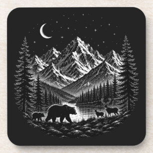 Posavasos Noche Salvaje de Montaña Mística Estilo Linocut