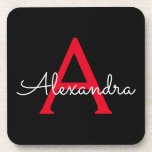 Posavasos Nombra de monograma de guión negro rojo<br><div class="desc">Máscaras de papel de monograma con escritura simple negra y roja. Esto hace que la graduación perfecta, el cumpleaños, el boda, la ducha de novia, el aniversario, la ducha de bebé o la fiesta de soltera sea un regalo para alguien que ama el lujo glam y los estilos de moda....</div>