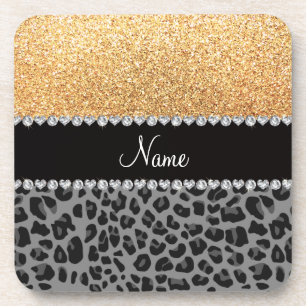 Posavasos Nombrar leopardo negro purpurina amarillo pastel