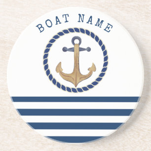 Posavasos Nombre de Barco Náutico, Retro Ancla Rayas Azul Ma